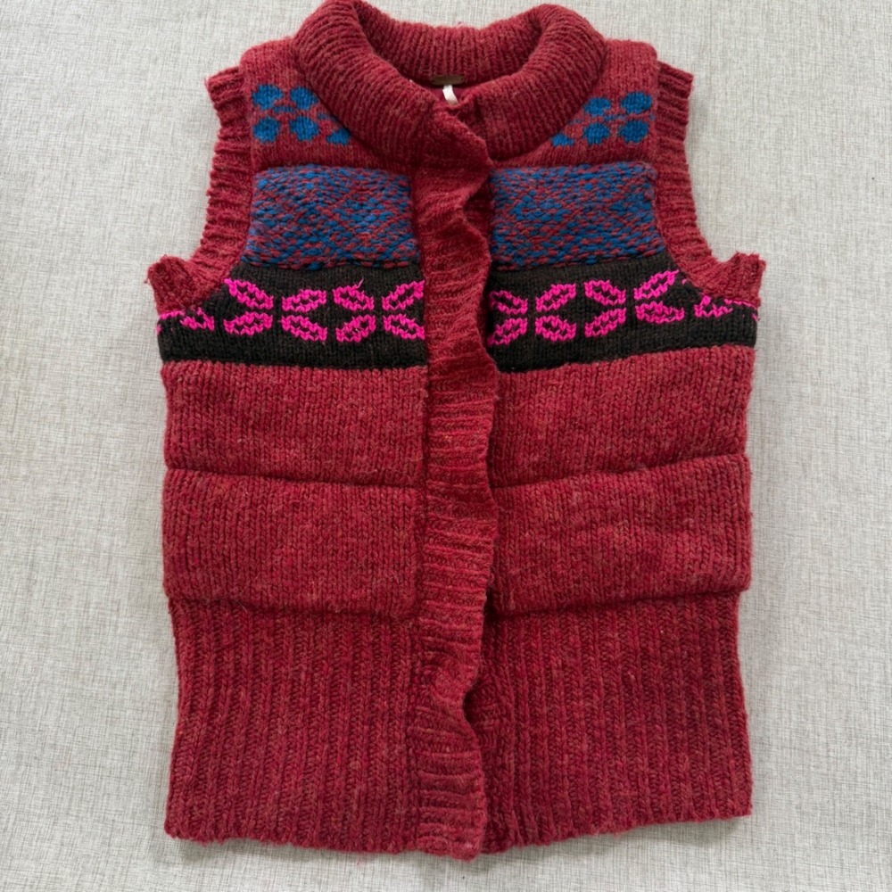Free People Knit Sweater Vest Wool Blend Cotton Lined Fair Isle Boho Cottage